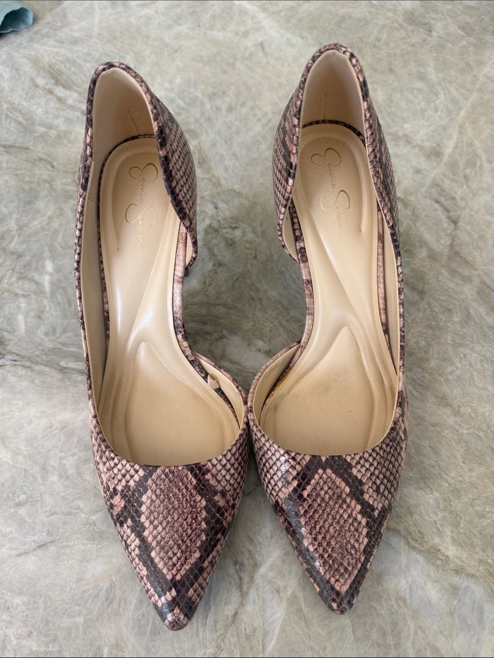Jessica Simpson Brown Beige Snake-Print Pointed Toe Stiletto Heels 9.5 - Picture 2 of 8